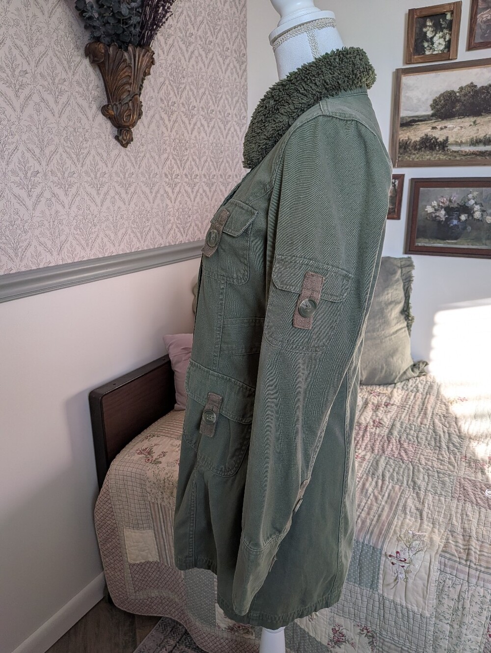 Tulle Y2K Olive Utility Jacket Sherpa Collar Military Cargo Coat L - Picture 2 of 11